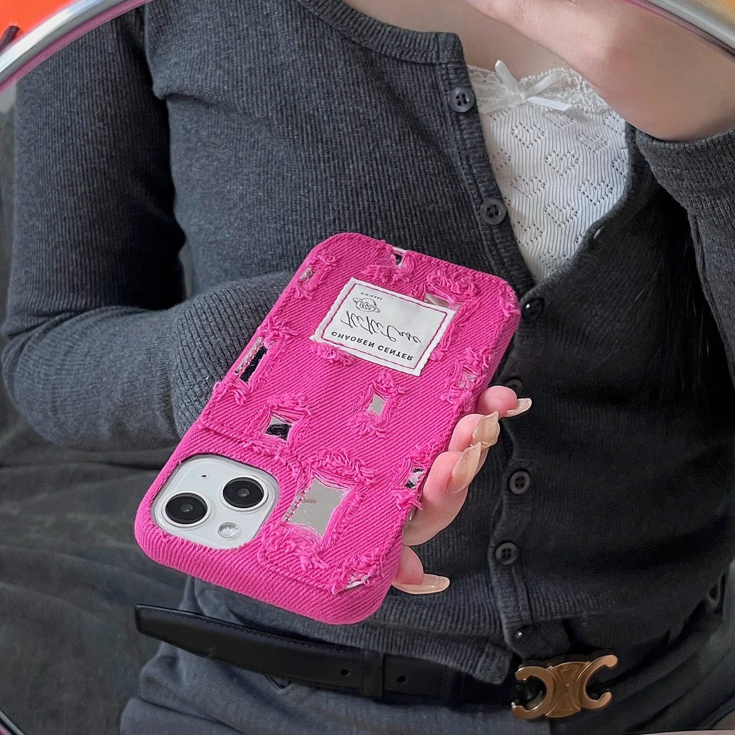 Ragged Denim Mirror Rose Pink Case